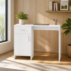 White Office Desk with Storage Drawer Cabinet 100CM
