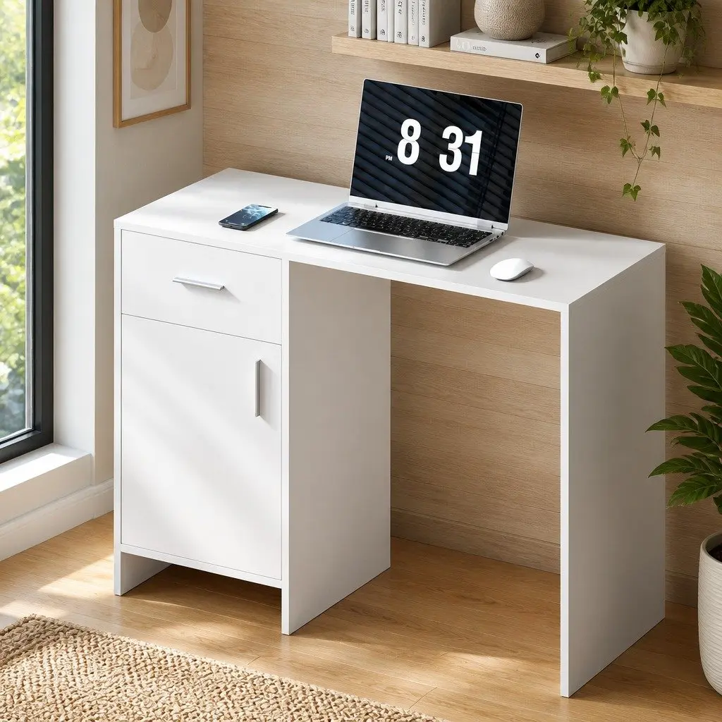 White Office Desk with Storage Drawer Cabinet 100CM
