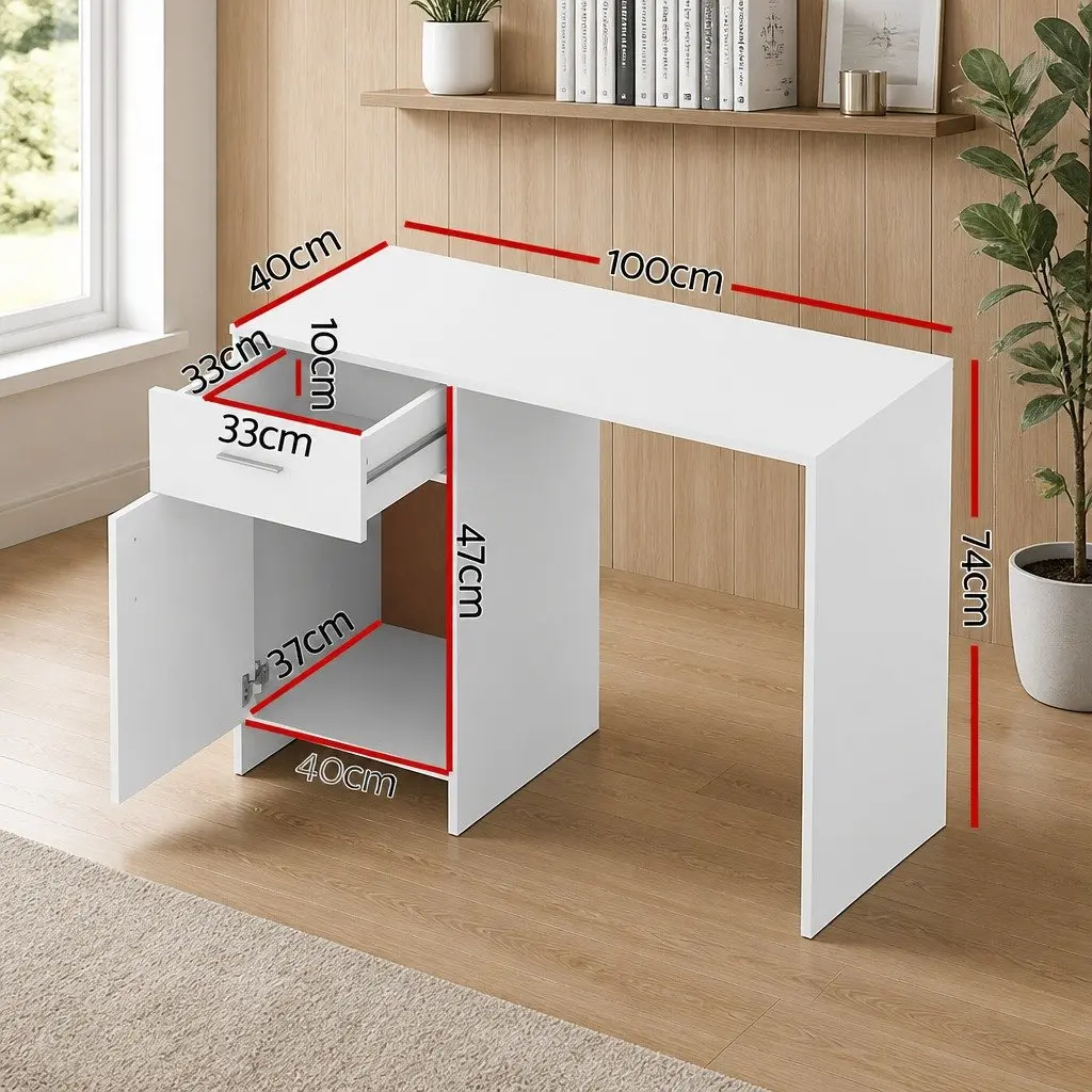 White Office Desk with Storage Drawer Cabinet 100CM