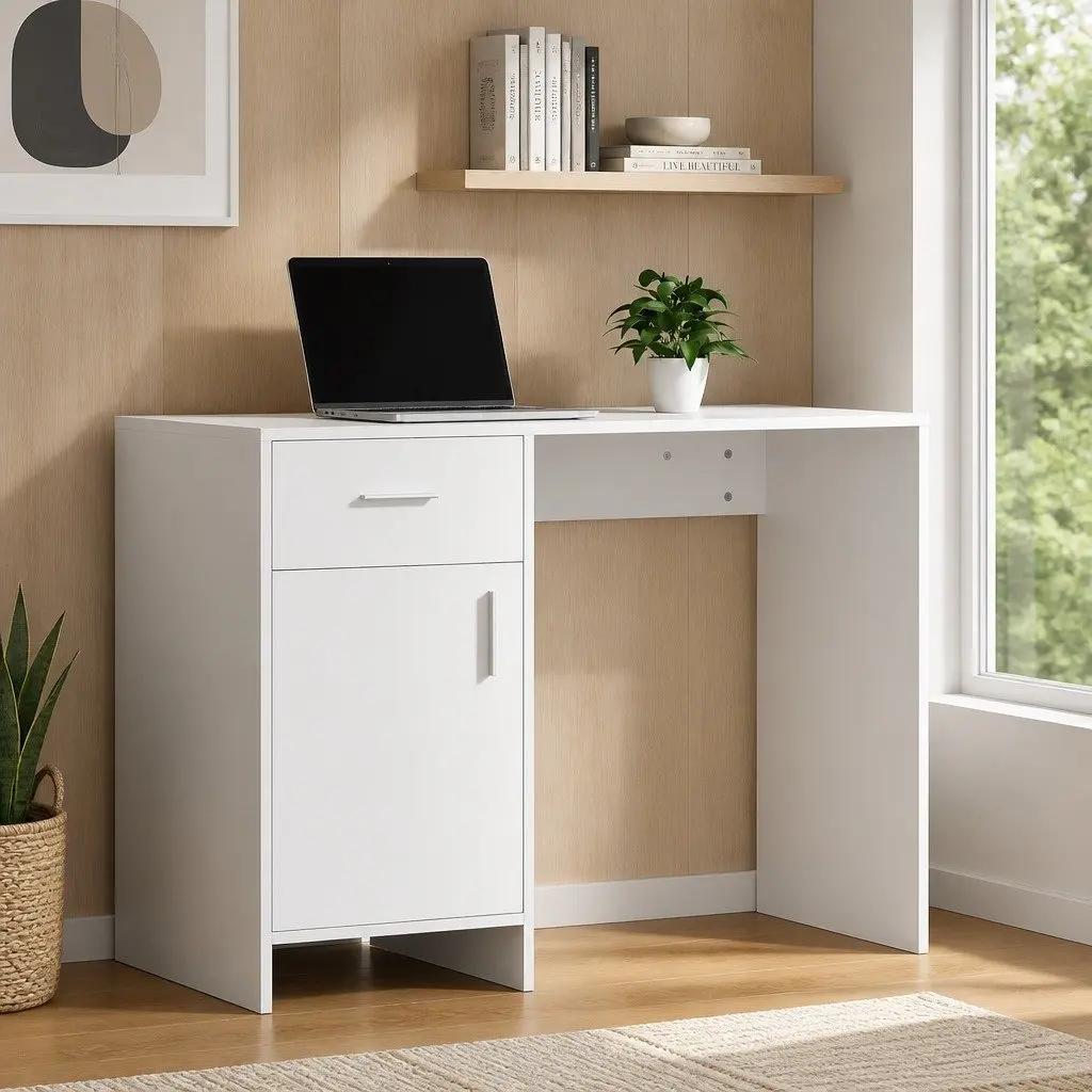 White Office Desk with Storage Drawer Cabinet 100CM