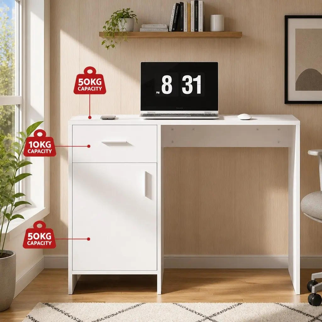 White Office Desk with Storage Drawer Cabinet 100CM