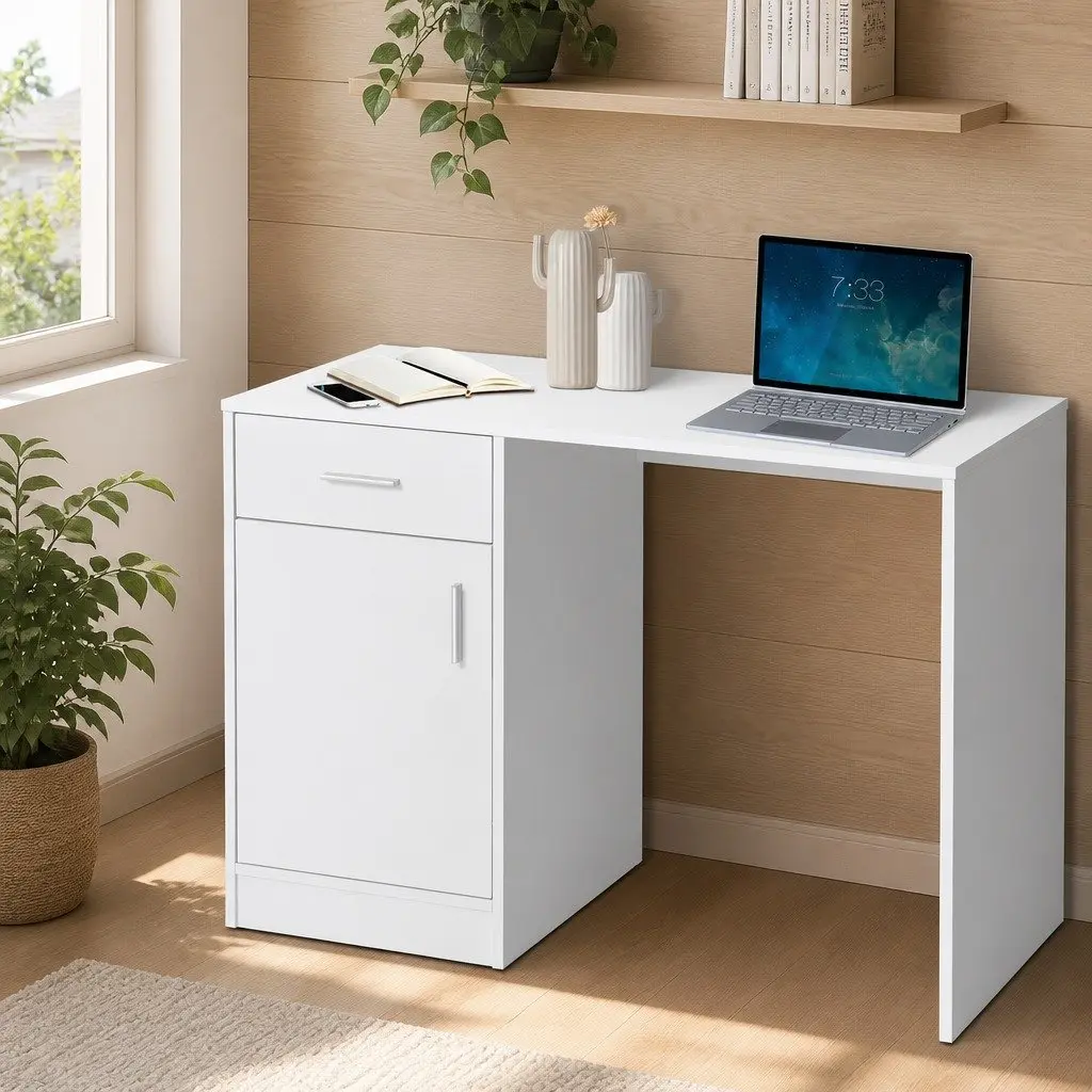 White Office Desk with Storage Drawer Cabinet 100CM