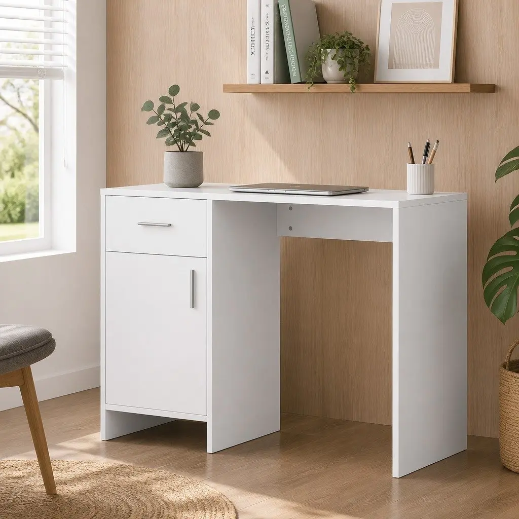 White Office Desk with Storage Drawer Cabinet 100CM