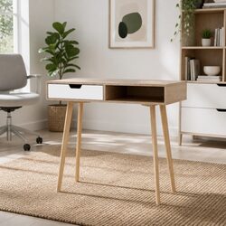 Computer Desk with Drawer Shelf Oak White 90cm Office Workstation Storage