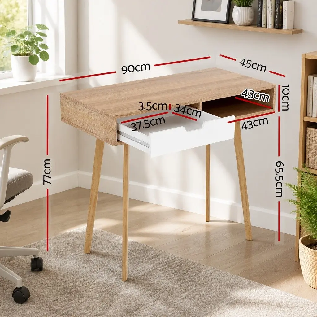 Computer Desk with Drawer Shelf Oak White 90cm Office Workstation Storage