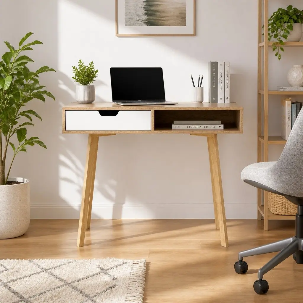 Computer Desk with Drawer Shelf Oak White 90cm Office Workstation Storage