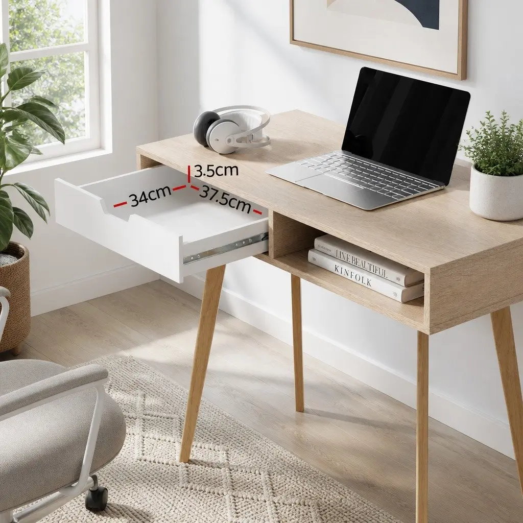 Computer Desk with Drawer Shelf Oak White 90cm Office Workstation Storage