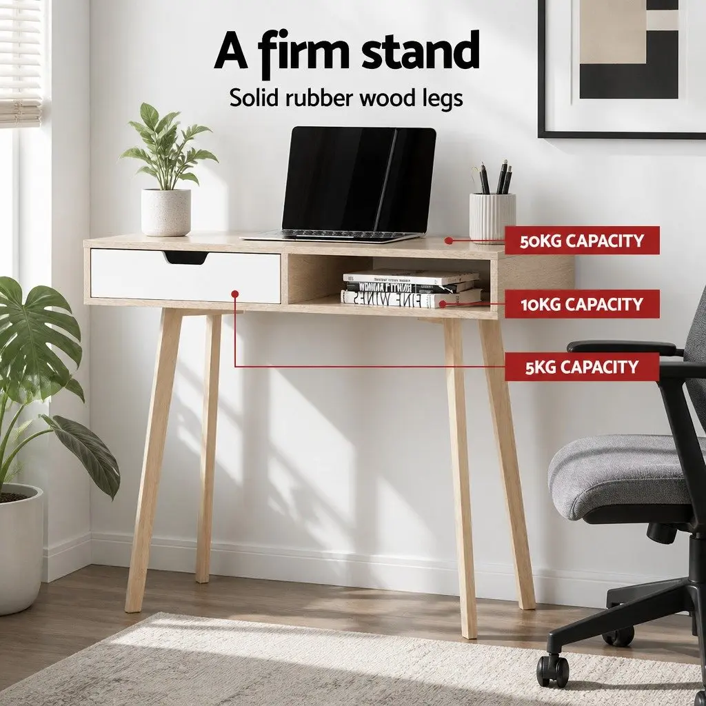 Computer Desk with Drawer Shelf Oak White 90cm Office Workstation Storage