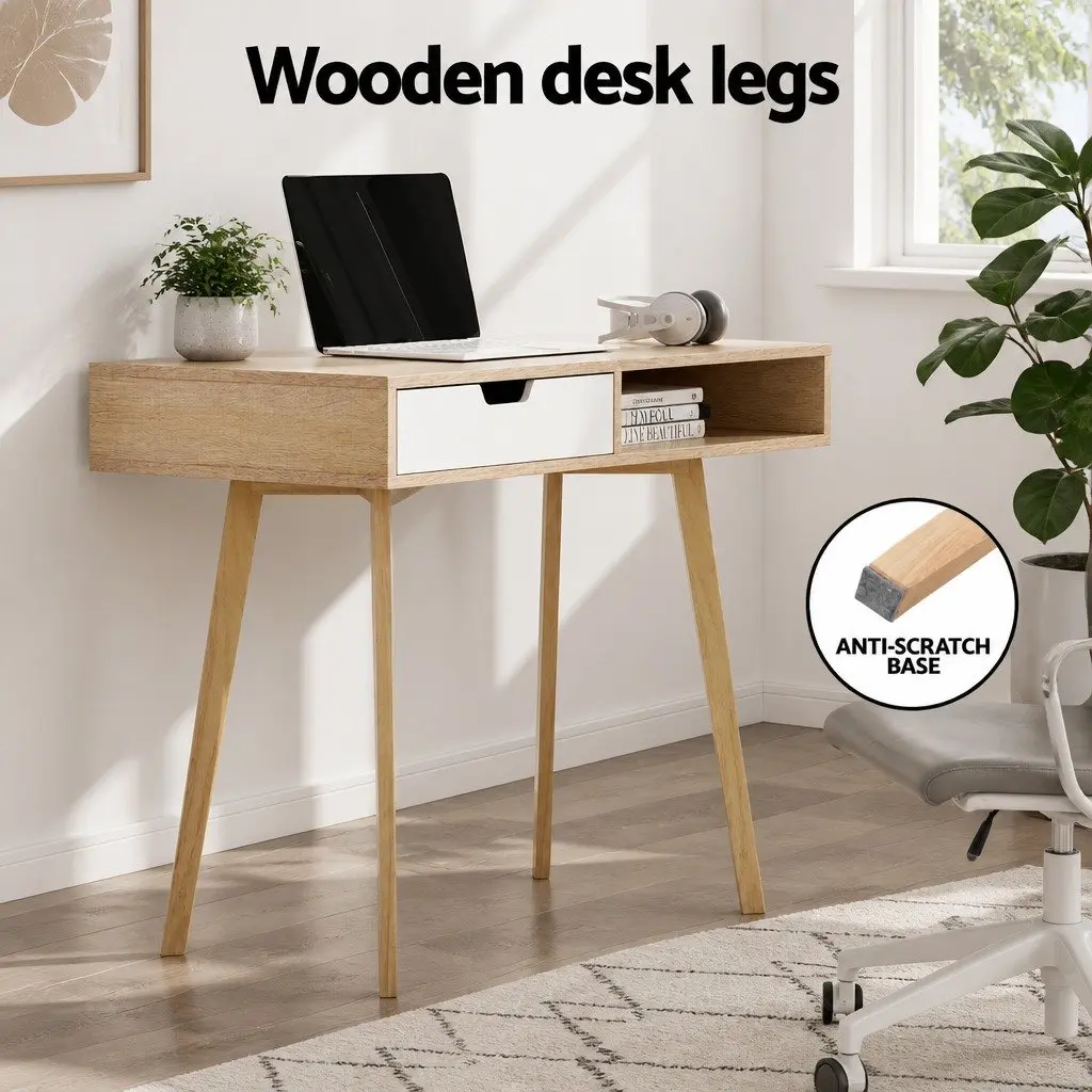 Computer Desk with Drawer Shelf Oak White 90cm Office Workstation Storage