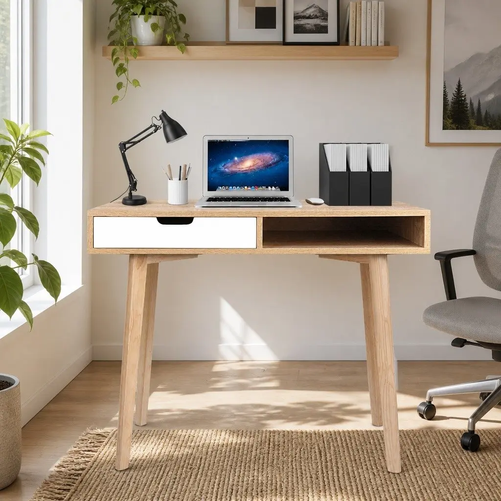 Computer Desk with Drawer Shelf Oak White 90cm Office Workstation Storage