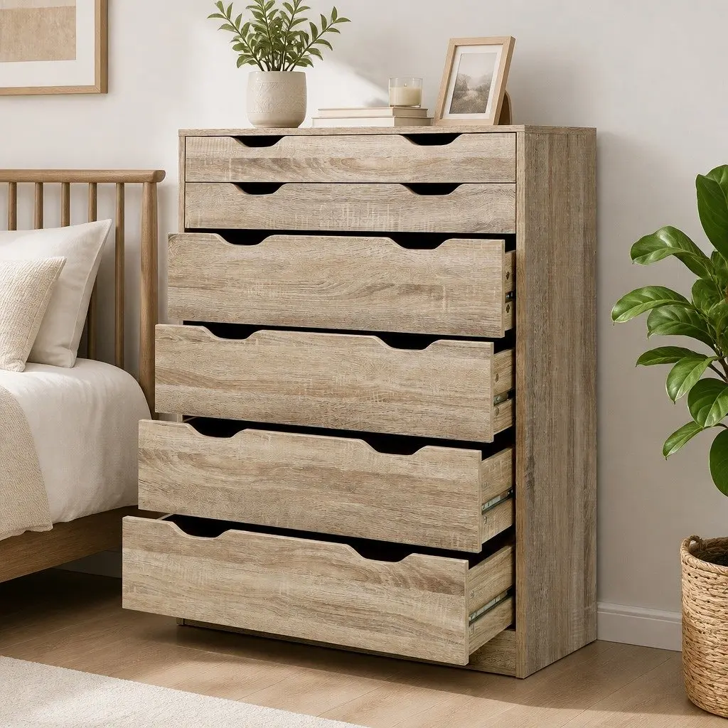 6 Drawer Chest Tallboy Storage Cabinet Oak Bedroom Furniture Scandinavian Design