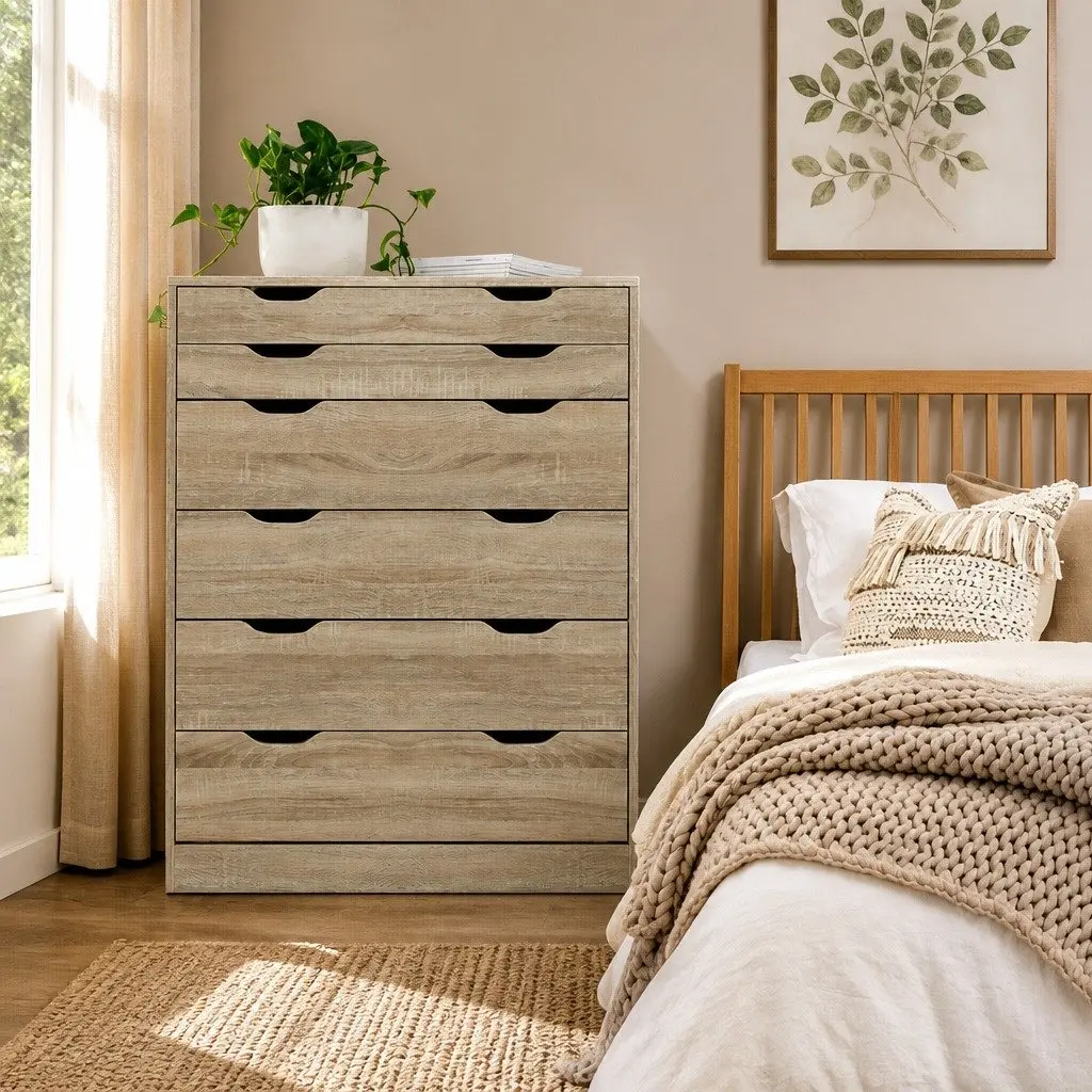 6 Drawer Chest Tallboy Storage Cabinet Oak Bedroom Furniture Scandinavian Design