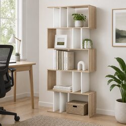 5 Tier White and Wood Brown Display Bookshelf