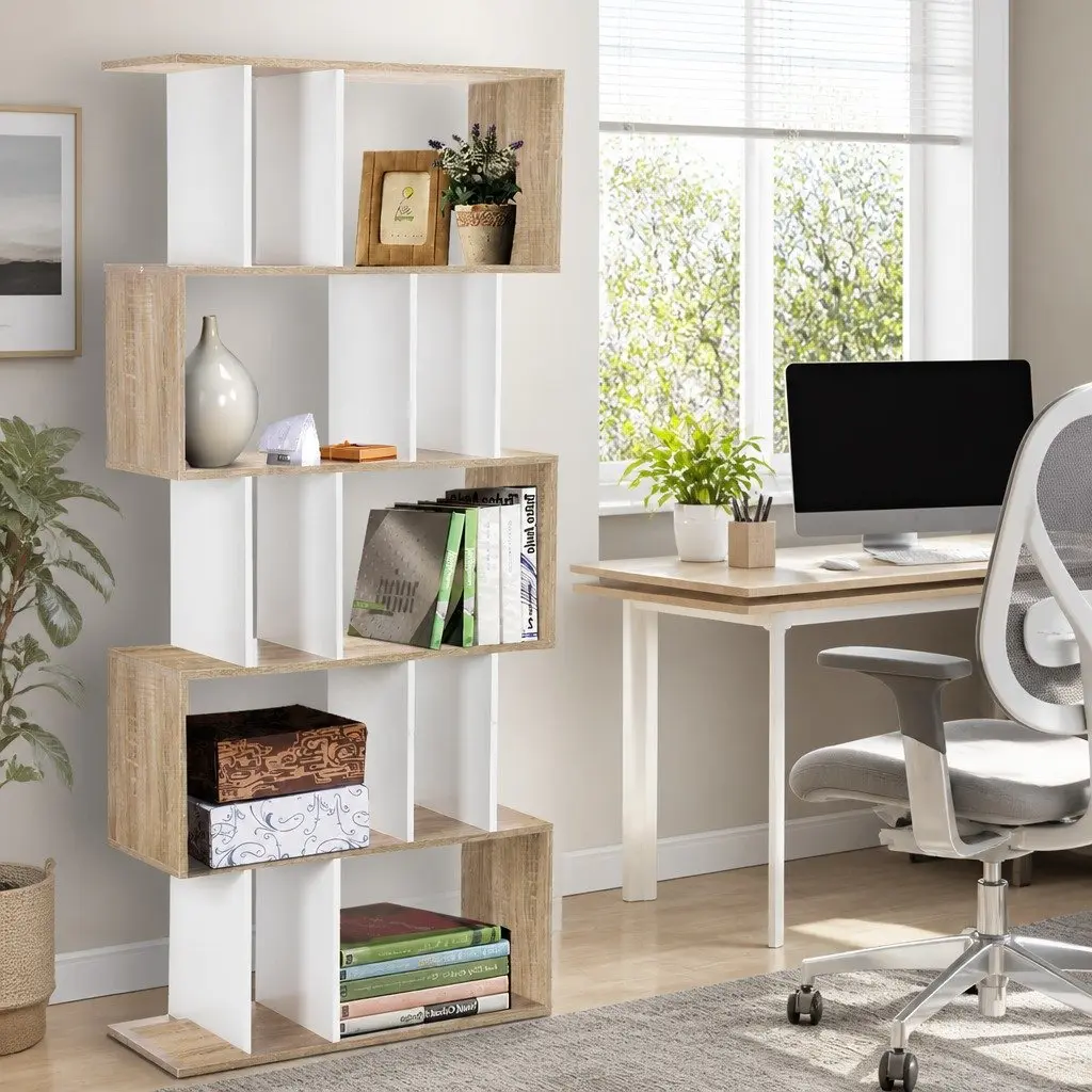 5 Tier White and Wood Brown Display Bookshelf