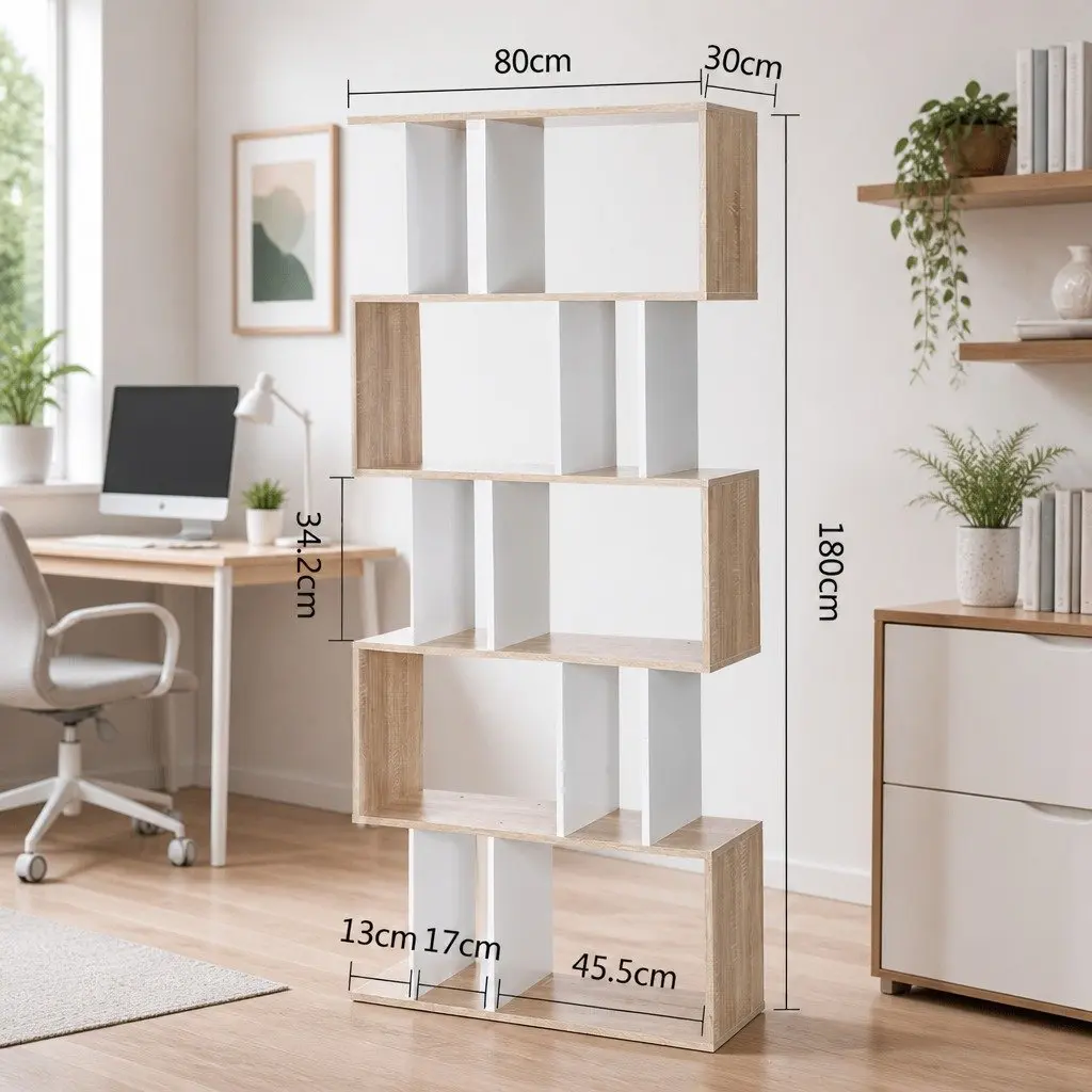 5 Tier White and Wood Brown Display Bookshelf