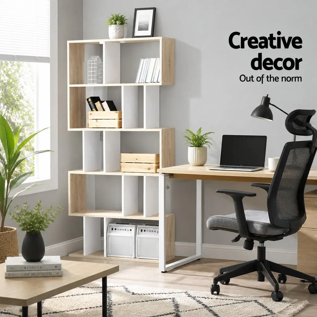 5 Tier White and Wood Brown Display Bookshelf