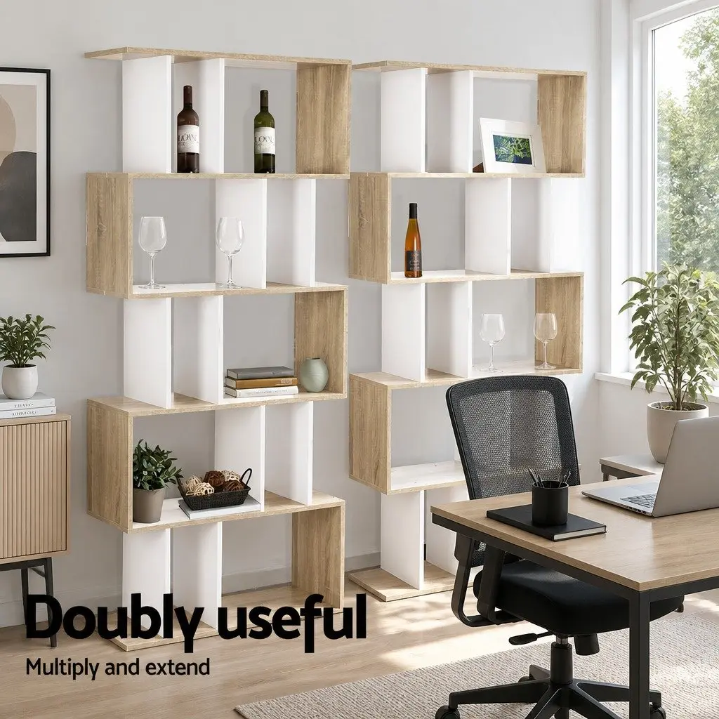 5 Tier White and Wood Brown Display Bookshelf