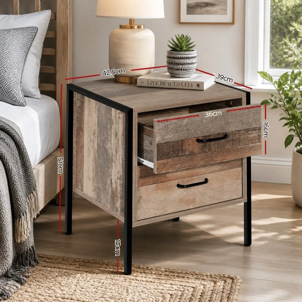 Bedside Table Black Dark Oak 2 Drawers E1 Particle Board Metal Frame