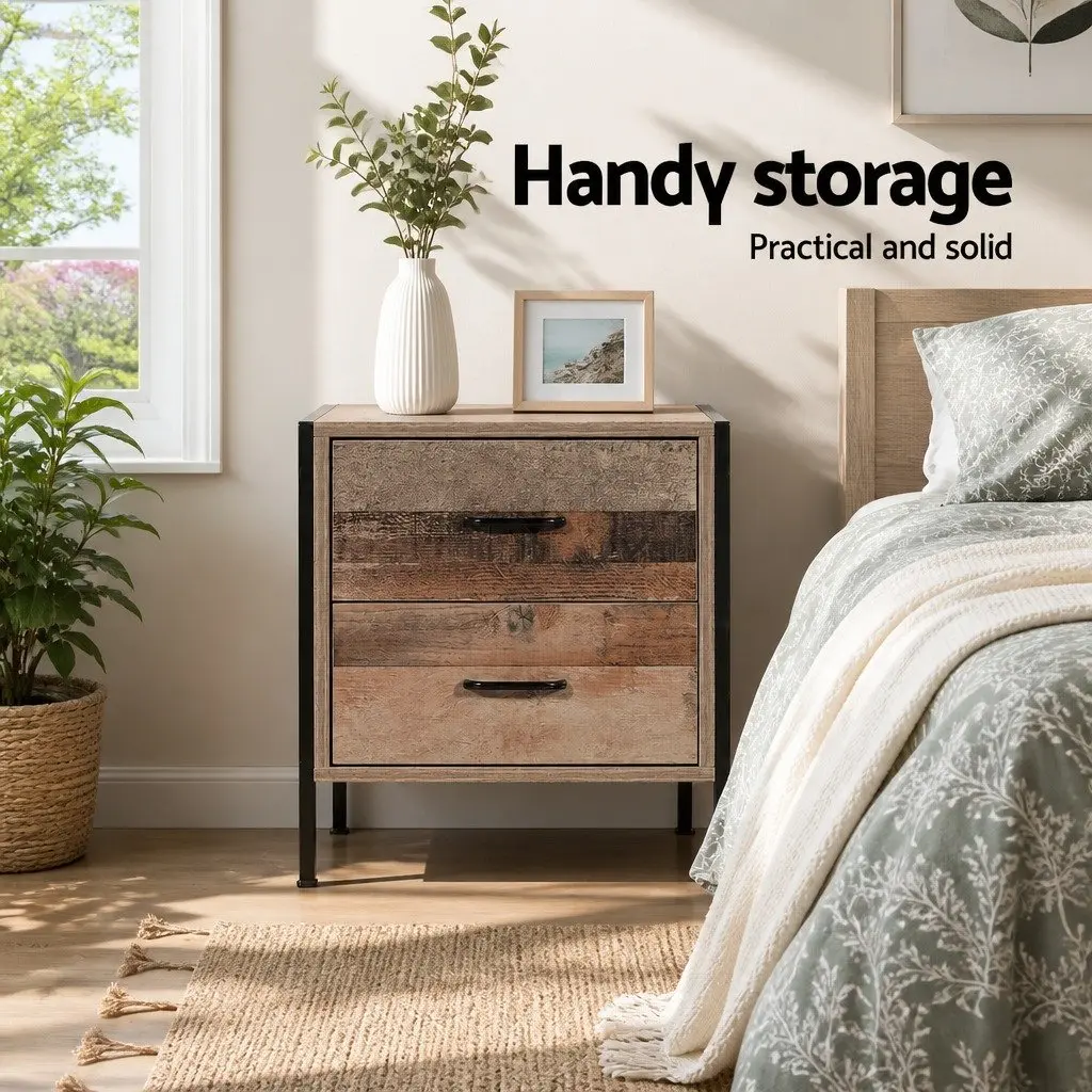 Bedside Table Black Dark Oak 2 Drawers E1 Particle Board Metal Frame