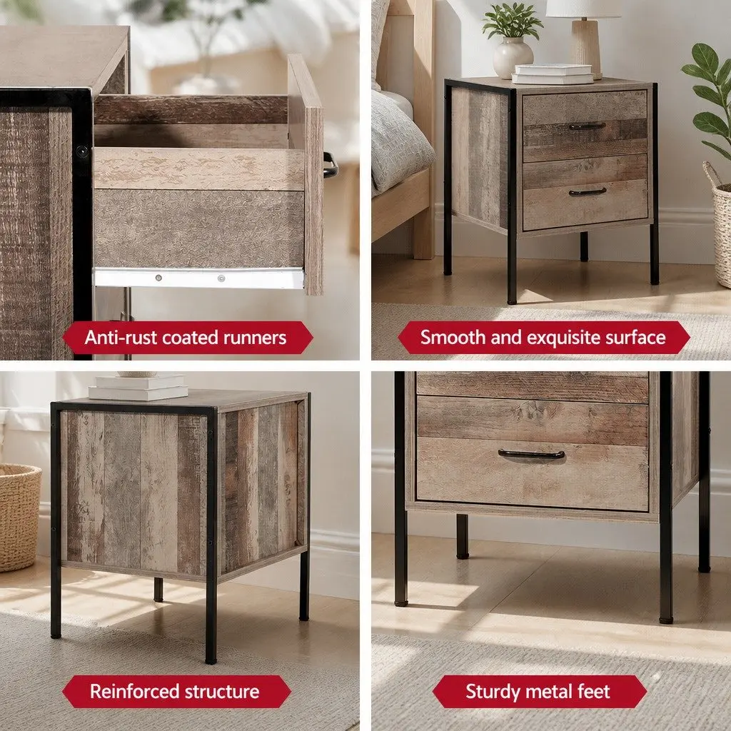 Bedside Table Black Dark Oak 2 Drawers E1 Particle Board Metal Frame