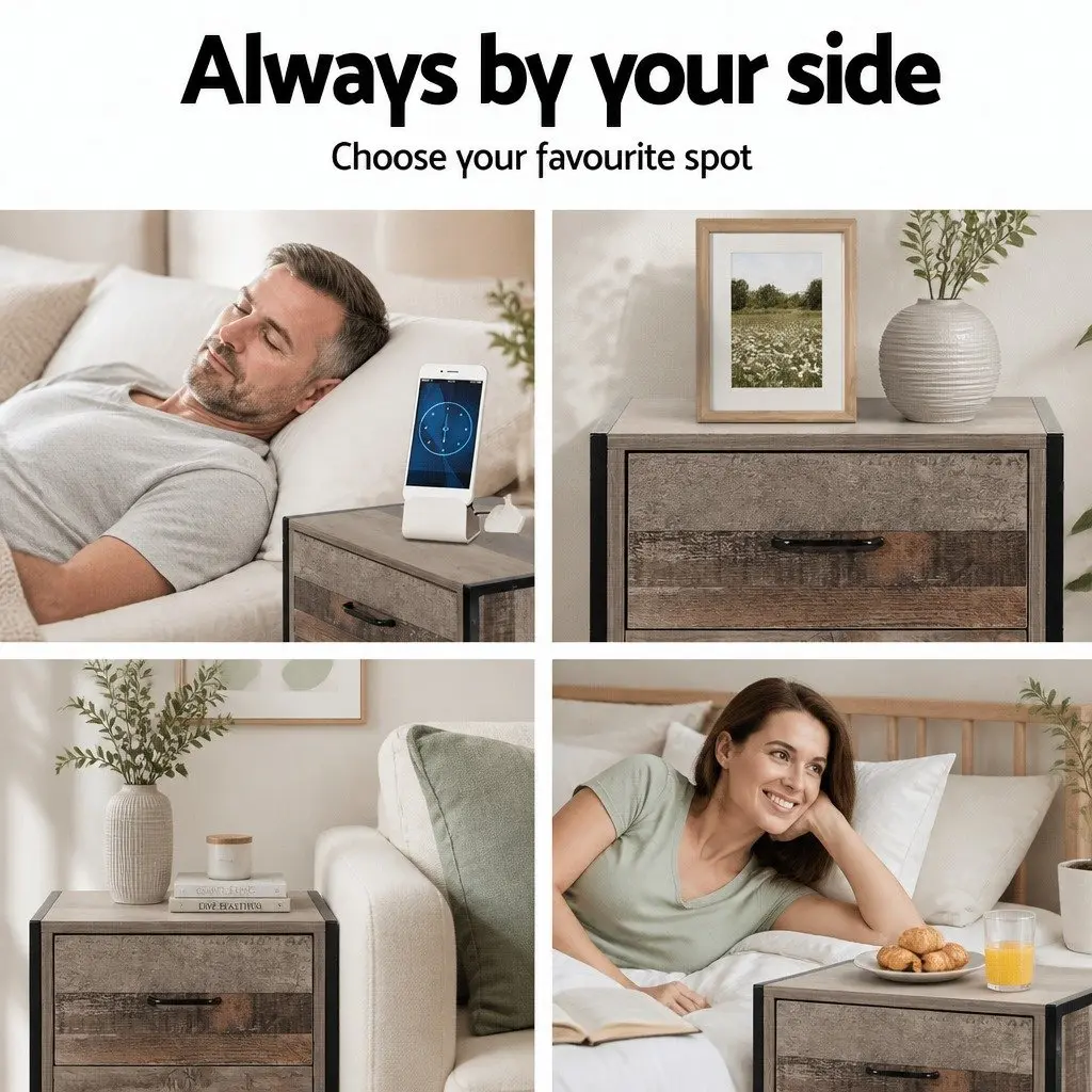 Bedside Table Black Dark Oak 2 Drawers E1 Particle Board Metal Frame