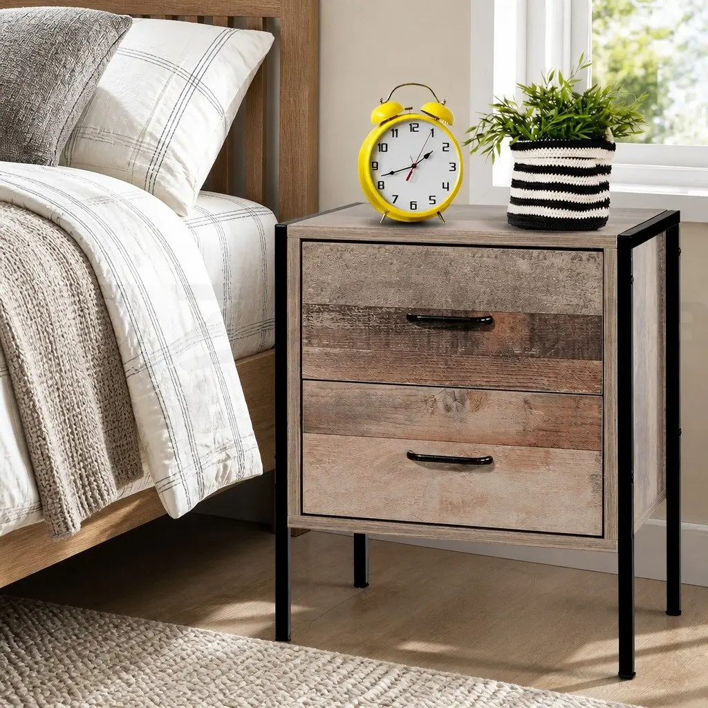 Bedside Table Black Dark Oak 2 Drawers E1 Particle Board Metal Frame