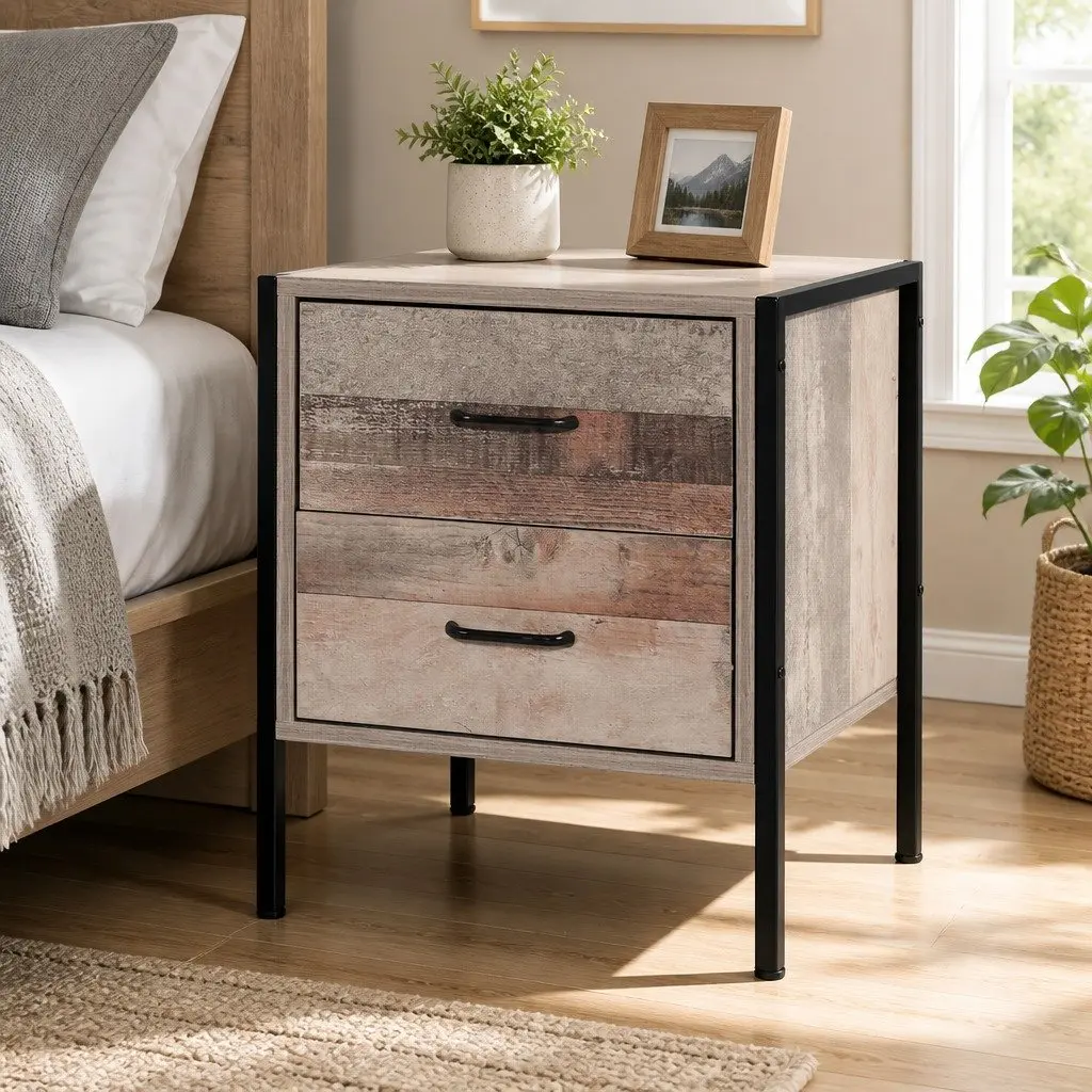 Bedside Table Black Dark Oak 2 Drawers E1 Particle Board Metal Frame