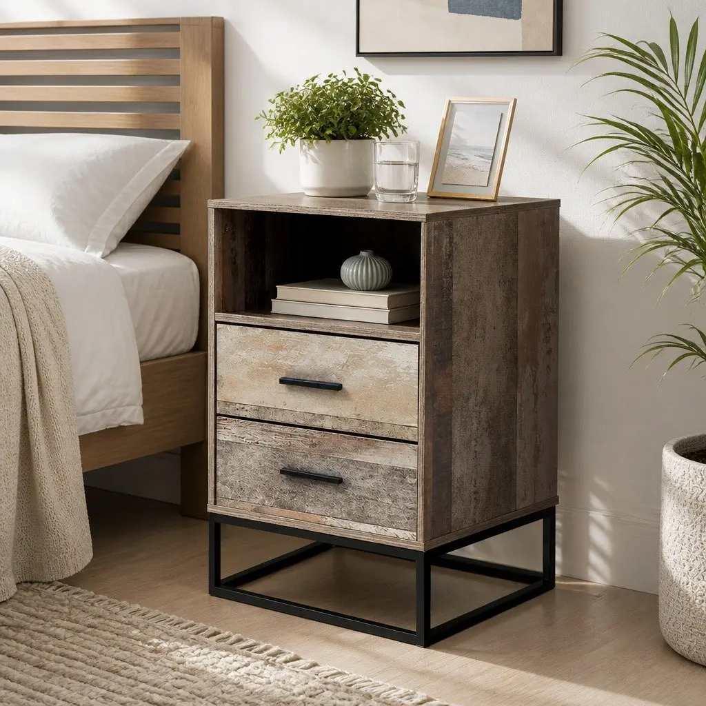 Bedside Table 2 Drawers with Shelf Industrial Design Bedroom Storage Nightstand