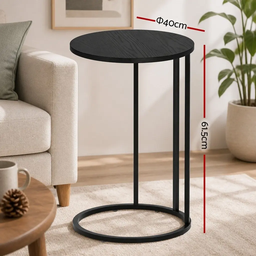 C Shaped End Table Set of 2 Black Wood Textured Top Metal Frame Modern Living Room Accent