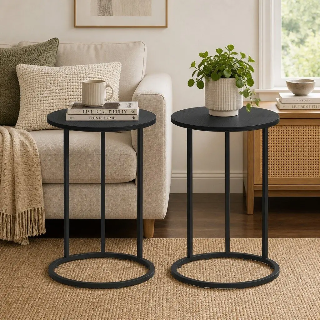 C Shaped End Table Set of 2 Black Wood Textured Top Metal Frame Modern Living Room Accent