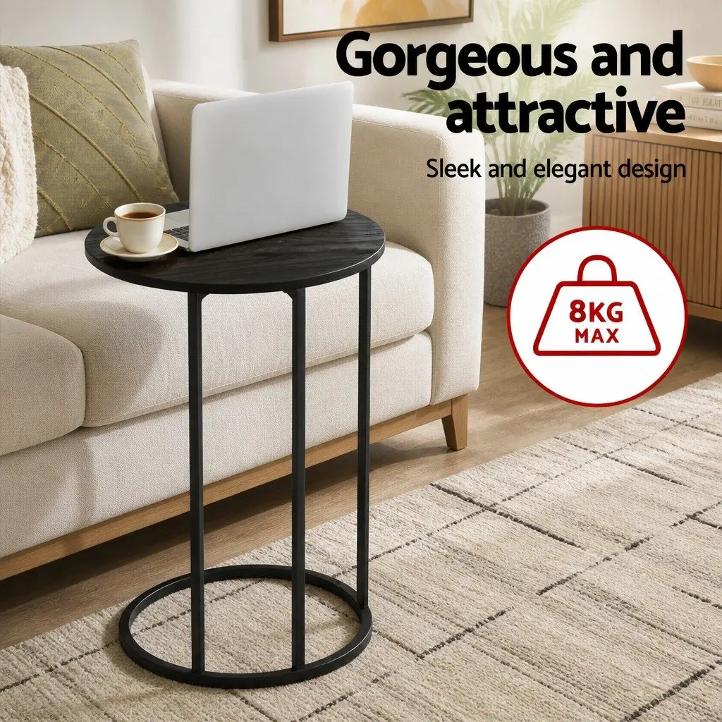 C Shaped End Table Set of 2 Black Wood Textured Top Metal Frame Modern Living Room Accent