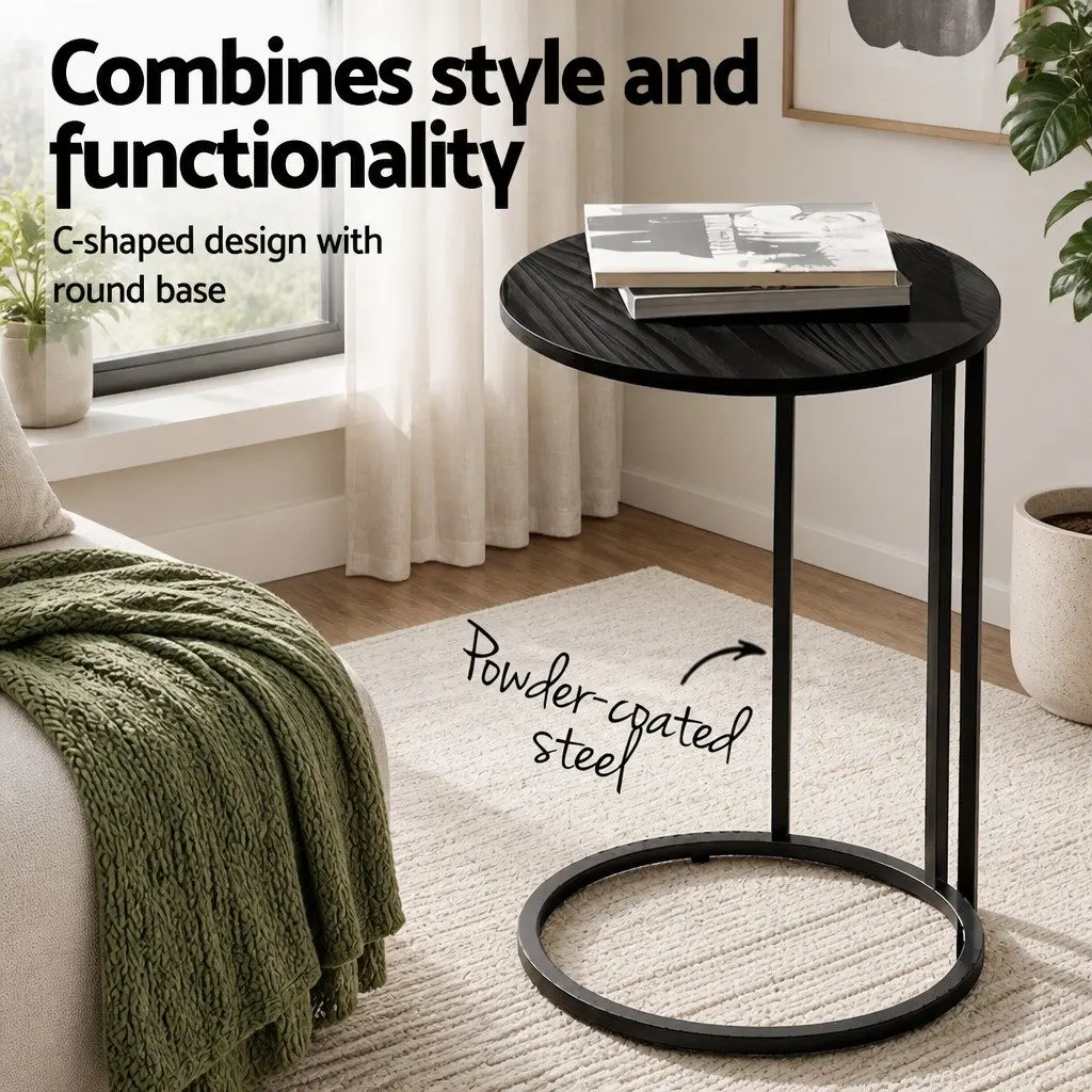 C Shaped End Table Set of 2 Black Wood Textured Top Metal Frame Modern Living Room Accent
