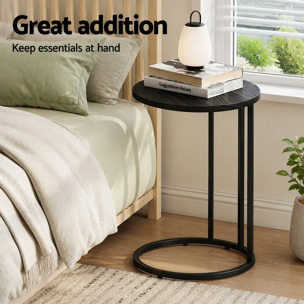 C Shaped End Table Set of 2 Black Wood Textured Top Metal Frame Modern Living Room Accent