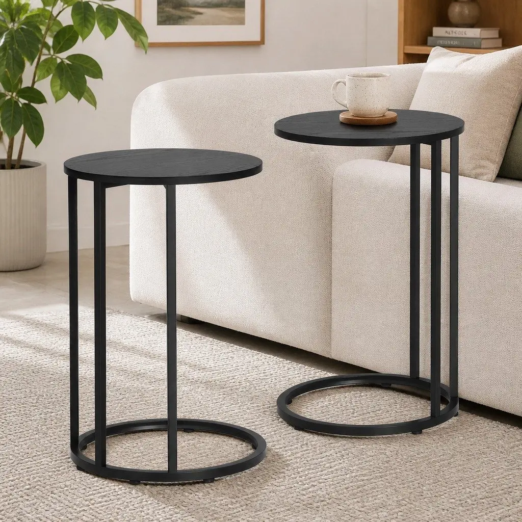 C Shaped End Table Set of 2 Black Wood Textured Top Metal Frame Modern Living Room Accent