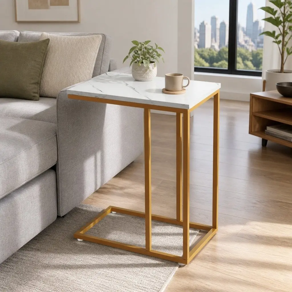Side Table Marble Effect White Industrial Style 45cm x 30cm x 54cm Metal