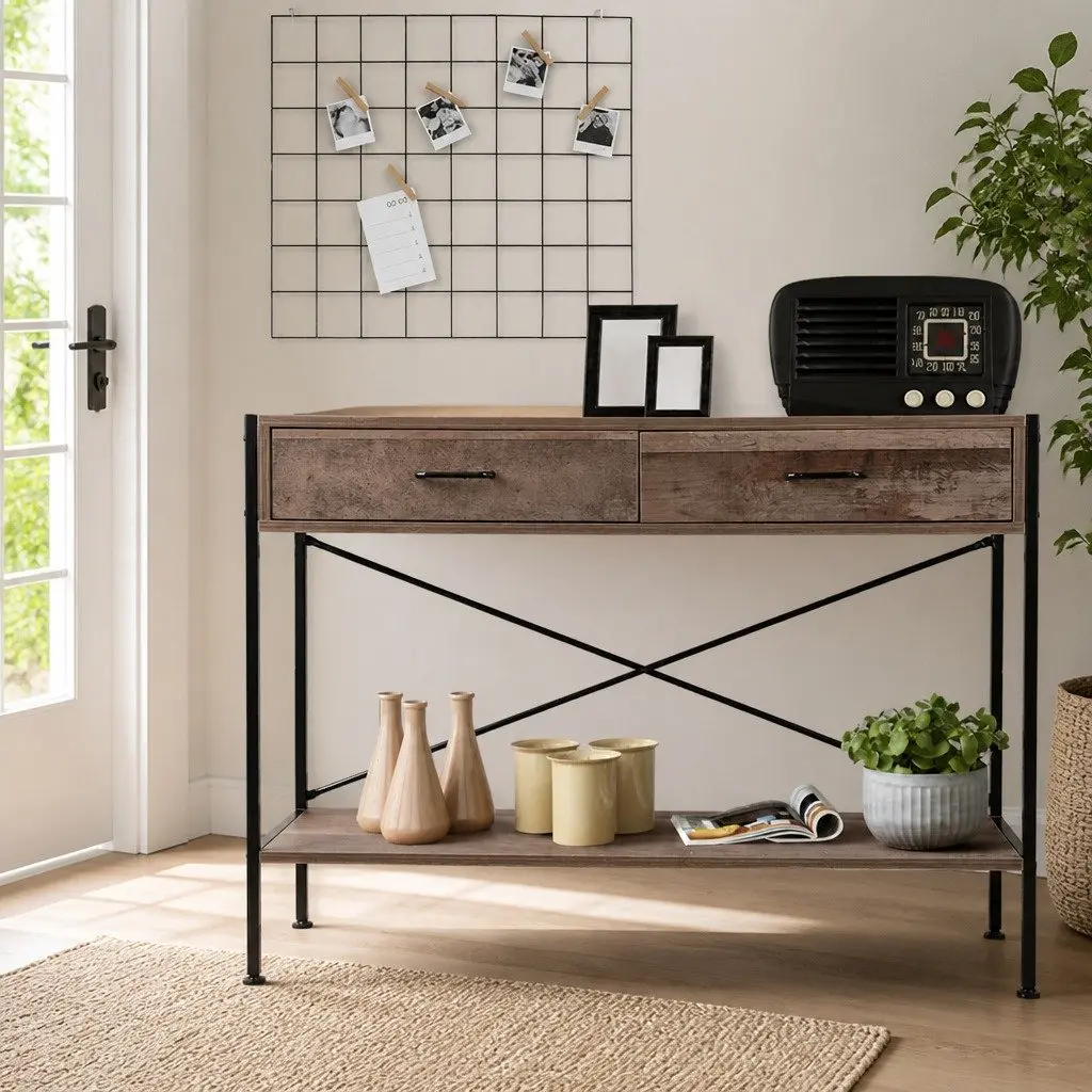 Console Table Rustic 100x35x74.5cm 15mm Particle Board with 2 Drawers and Bottom Shelf