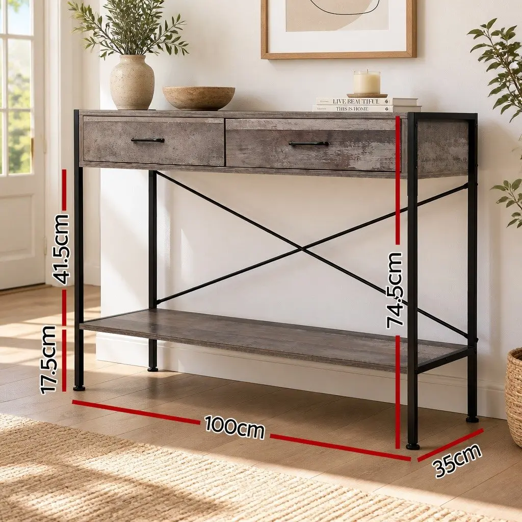 Console Table Rustic 100x35x74.5cm 15mm Particle Board with 2 Drawers and Bottom Shelf
