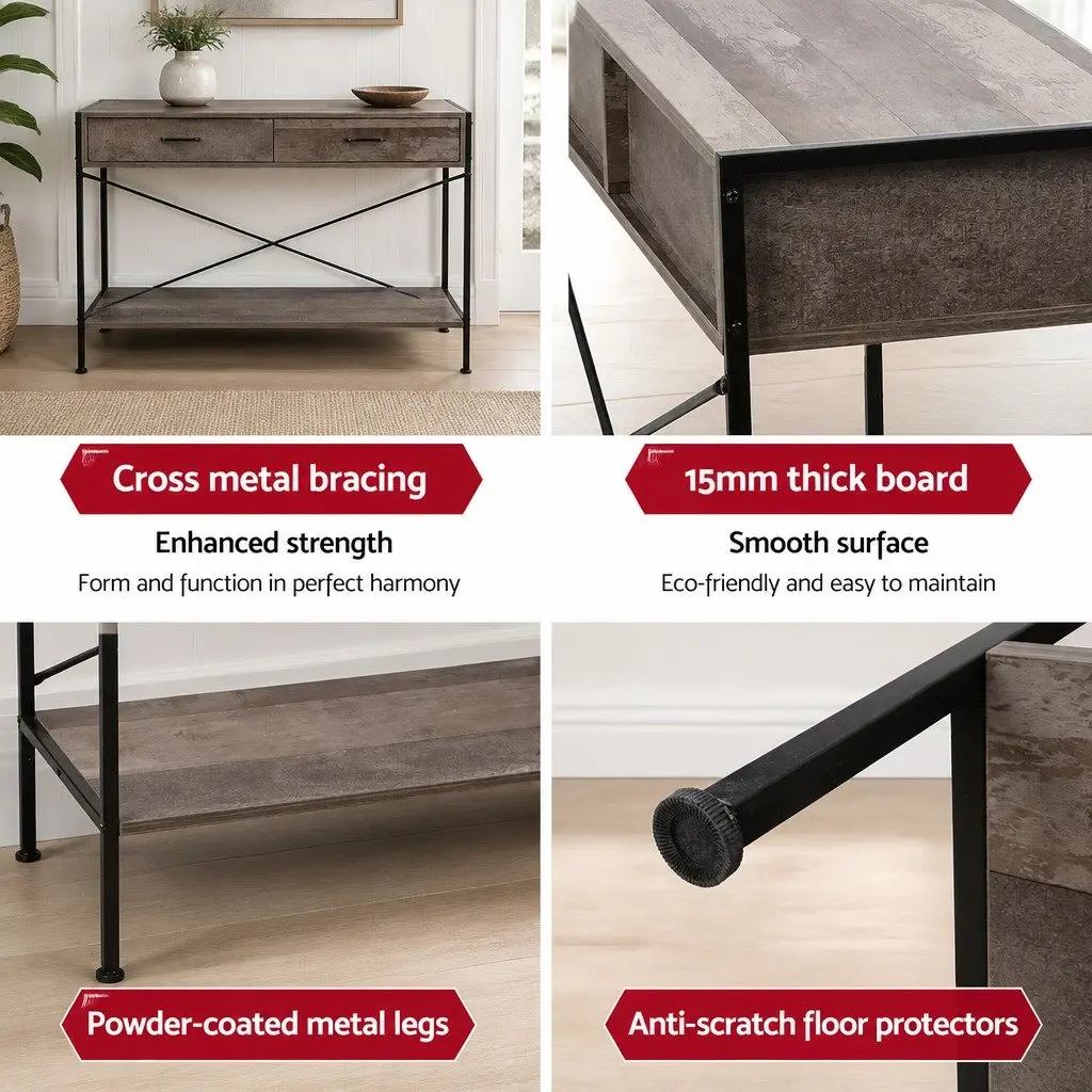 Console Table Rustic 100x35x74.5cm 15mm Particle Board with 2 Drawers and Bottom Shelf