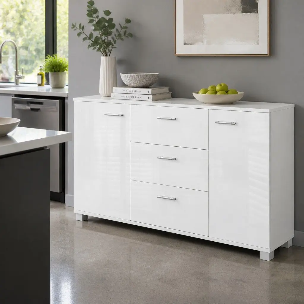 Buffet Sideboard White High Gloss Modern Storage Cabinet with Drawers