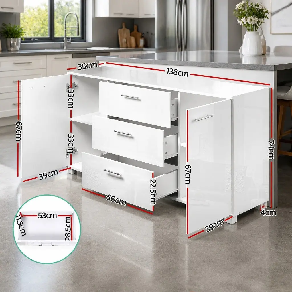 Buffet Sideboard White High Gloss Modern Storage Cabinet with Drawers