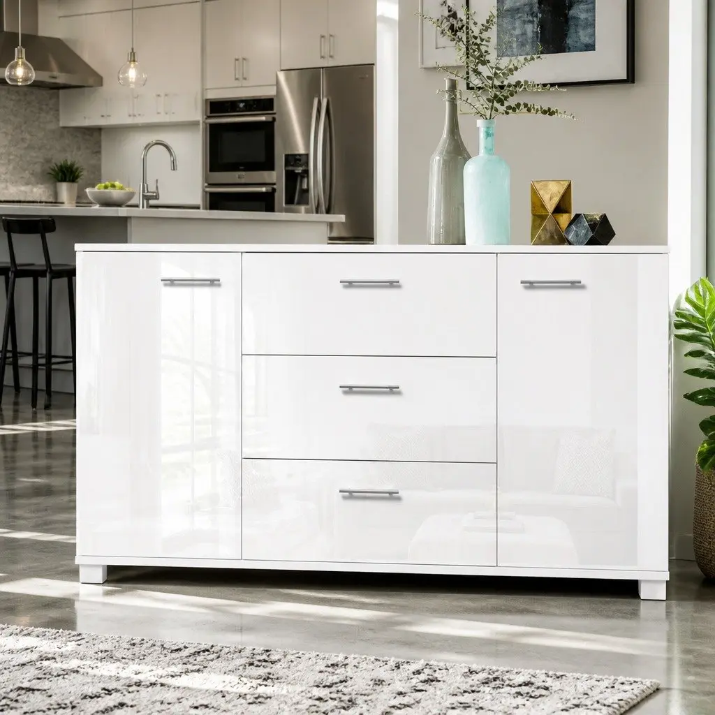 Buffet Sideboard White High Gloss Modern Storage Cabinet with Drawers
