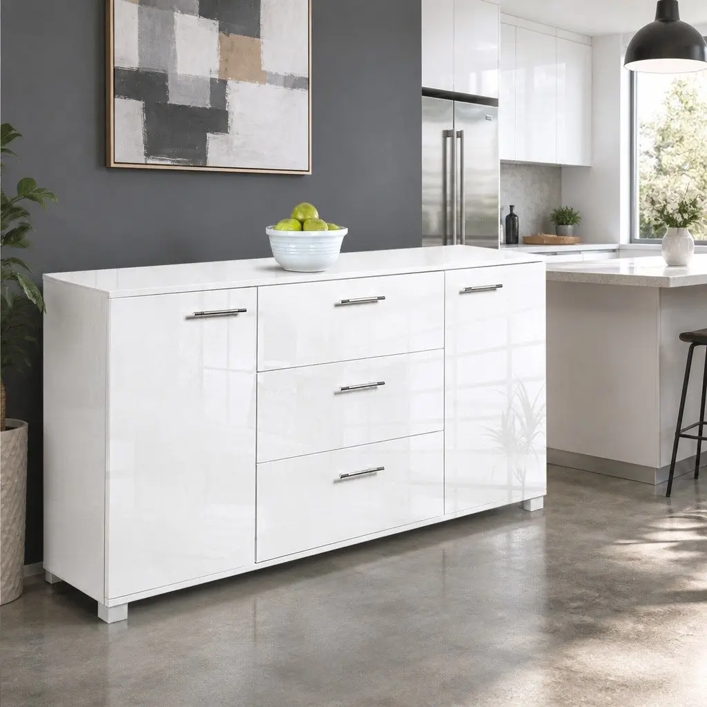 Buffet Sideboard White High Gloss Modern Storage Cabinet with Drawers