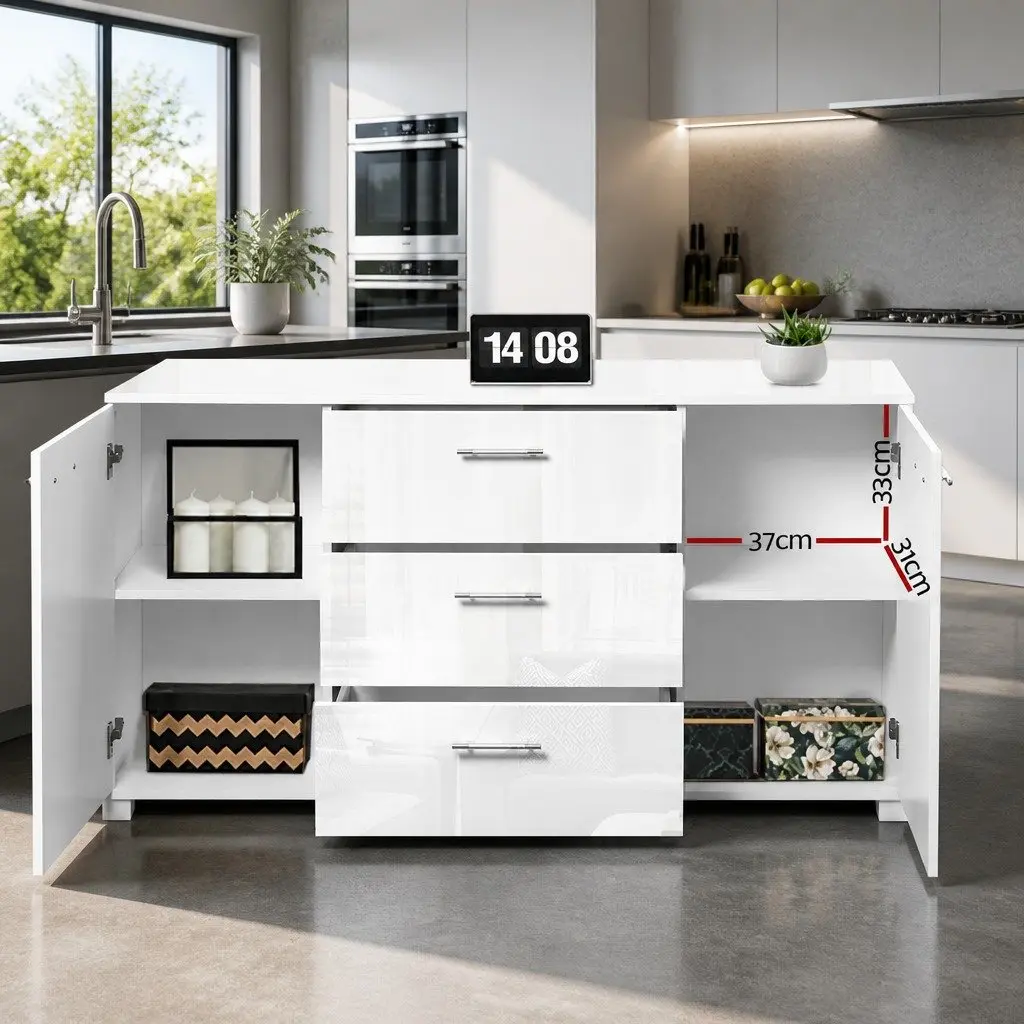 Buffet Sideboard White High Gloss Modern Storage Cabinet with Drawers