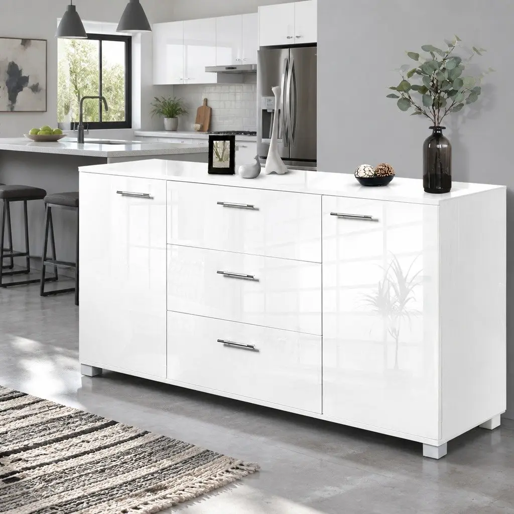 Buffet Sideboard White High Gloss Modern Storage Cabinet with Drawers
