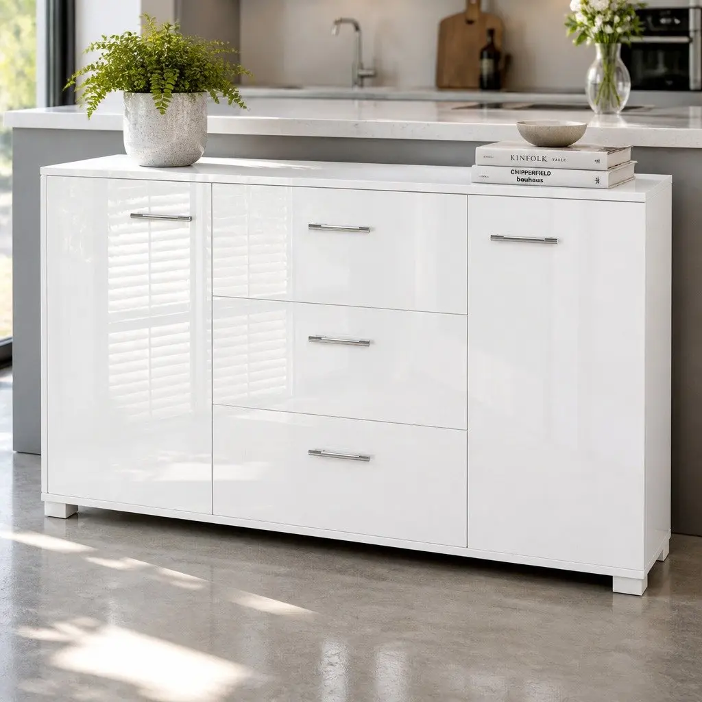 Buffet Sideboard White High Gloss Modern Storage Cabinet with Drawers