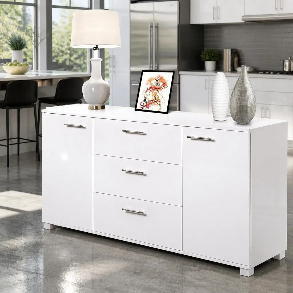 Buffet Sideboard White High Gloss Modern Storage Cabinet with Drawers