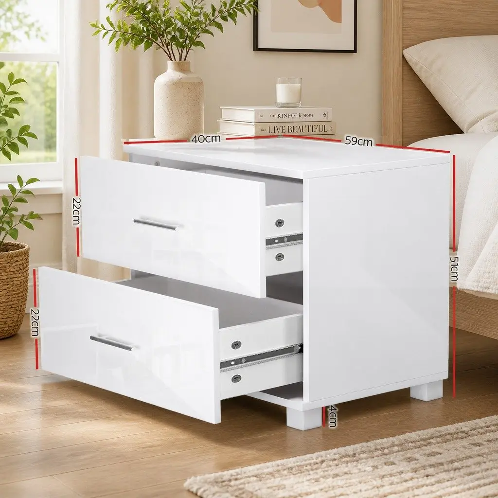 Bedside Table White High Gloss 59cm MDF and Particle Board 2 Drawers Modern Storage Cabinet