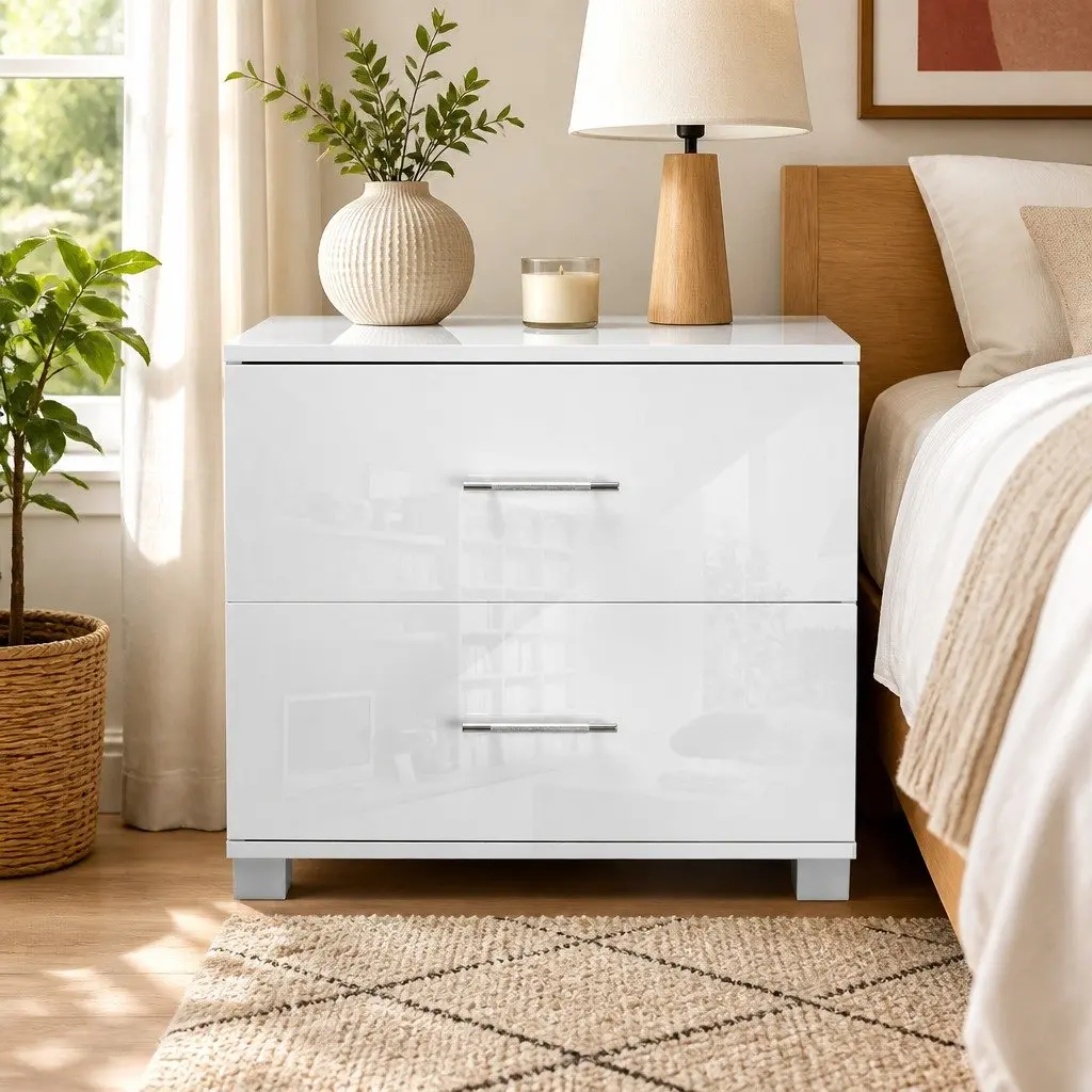 Bedside Table White High Gloss 59cm MDF and Particle Board 2 Drawers Modern Storage Cabinet