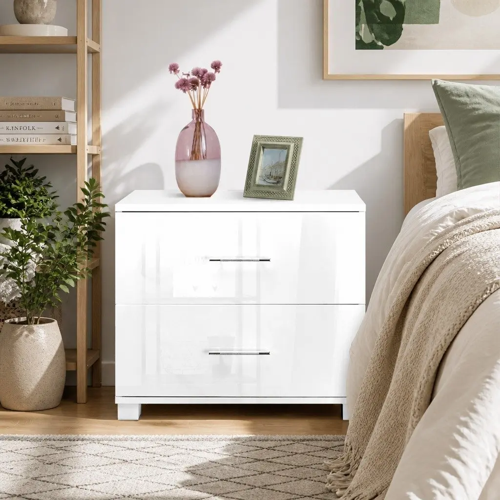 Bedside Table White High Gloss 59cm MDF and Particle Board 2 Drawers Modern Storage Cabinet
