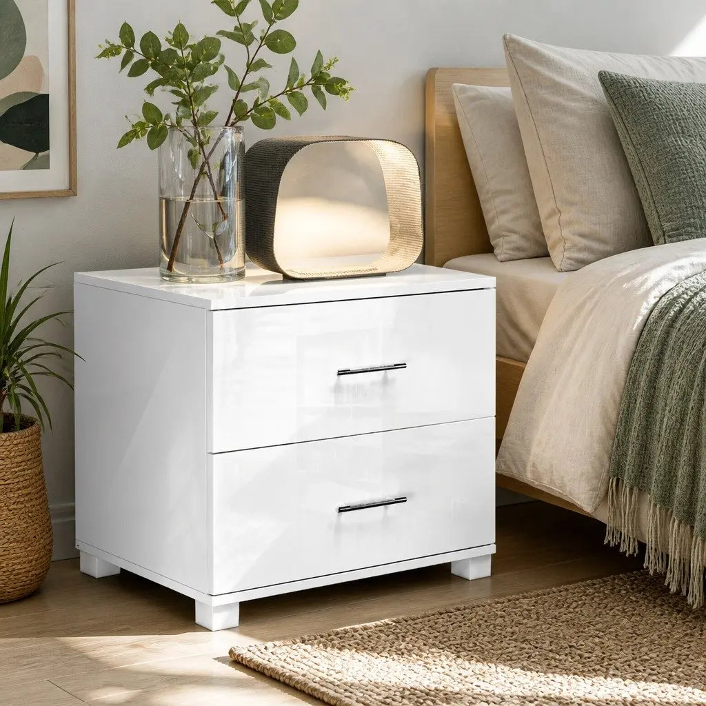Bedside Table White High Gloss 59cm MDF and Particle Board 2 Drawers Modern Storage Cabinet